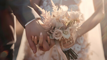 Wall Mural - Wedding couple holding hands Bride and groom holding hands Wedding bouquet closeup Fashionable toning Wedding invitation Selective focus : Generative AI