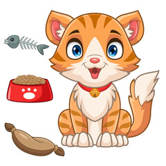 Sticker - Cartoon funny orange cat sitting on white background