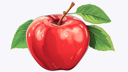 Wall Mural - This image depicts a bright red apple with two leaves, created in an isolated illustration style that highlights the fruit's freshness and natural allure, perfect for healthy eating campaigns.