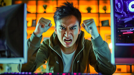 Wall Mural - Asian male sitting in front of the computer waving her fists in anger.