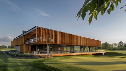 Wall Mural - eco-friendly golf clubhouse with a wooden structure that incorporates renewable energy sources and offers panoramic views of the course