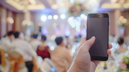 Poster - male hand is holding a modern touch screen phone and blur image of wedding party  in large hall for background usage : Generative AI