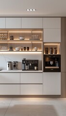 Modern kitchen cabinet with integrated coffee machine, minimalist design, and elegant features