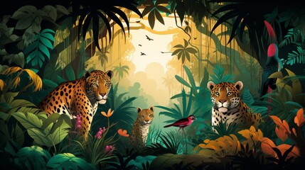 Wall Mural - A beautiful jungle scene featuring a family of jaguars sitting amidst dense foliage and a vibrant red bird, portraying the richness of wildlife and nature's bountiful habitat.