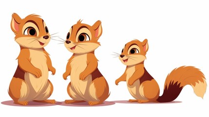 An adorable illustration showing a chipmunk family with two adult chipmunks and a smaller chipmunk baby, all standing on a white background, representing family and companionship.