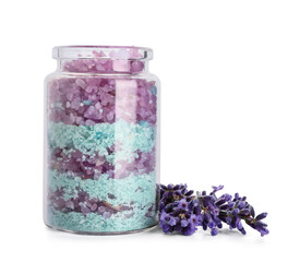 Wall Mural - Bottle of sea salt and lavender flowers on white background
