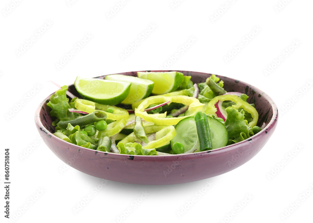 Bowl of tasty vegetable salad on white background