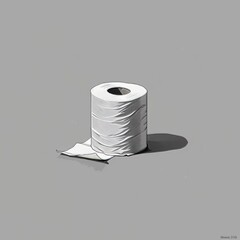 This is a drawing of a single roll of toilet paper on the gray background. The toilet paper is white and has a perforation. The roll is standing upright and is slightly unrolled. Copy space