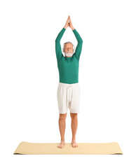 Wall Mural - Sporty mature man in headphones doing yoga on white background