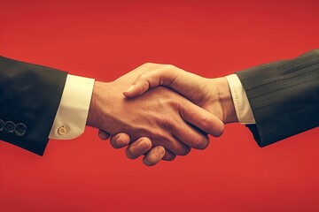 Two Men Shake Hands Against Red Background