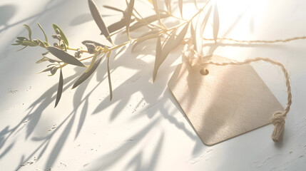 Fototapete - Blank paper gift tag label mockup with rope and olive tree branch on white table background in sunlight Summer sale branding concept Mediterranean design Selective focus : Generative AI