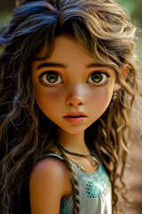 Wall Mural - Young girl portrait 3D, in a beautiful cartoon stile, with a big head of hair.