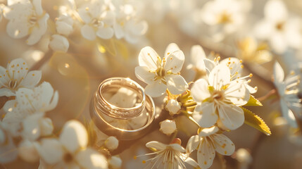 Wall Mural - Two wedding rings and spring blossoms Wedding concept : Generative AI