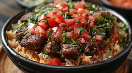 Wall Mural - Closeup of a Bowl of Rice with Meat, Tomato and Parsley
