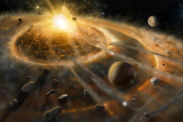 Wall Mural - formation of the solar system with planets and asteroids in space