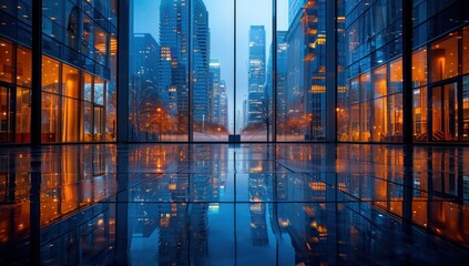 Reflective View of Cityscape Through Glass Walls
