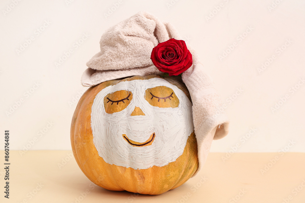 Pumpkin with drawn face, towel, rose and clay mask on beige background