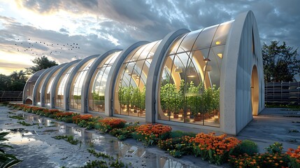 futuristic greenhouse complex with translucent fiber cement cladding, optimizing natural light absorption for plant growth while maintaining a controlled internal climate