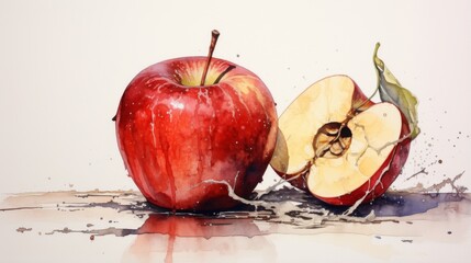 Wall Mural - A beautiful watercolor painting of a whole red apple and a sliced one, with splashes of paint accentuating their freshness and the detailed texture in an artistic way.