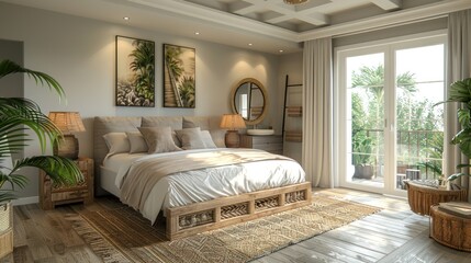 Poster - Tropical Bedroom with Natural Wooden Furniture