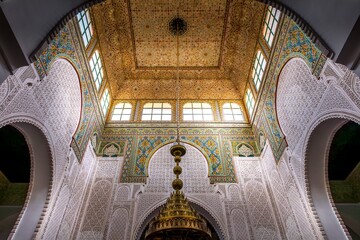 Meknes, Morocco - March 21, 2024: Mausoleum of Moulay Ismail interior in Meknes in Morocco. Mausoleum of Moulay Ismail is a tomb and mosque located in the Morocco city of Meknes