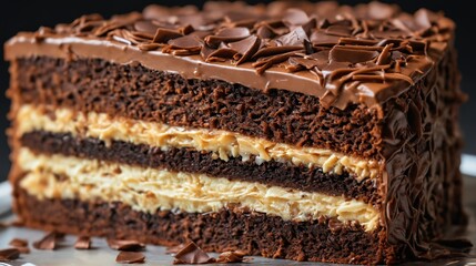 A layered delight: chocolate cake with cream and chocolate shavings