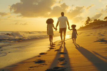 At sunset, a Black family strolls along the beach during their summer vacation, enjoying the peaceful scenery by the ocean. The golden light casts a warm glow