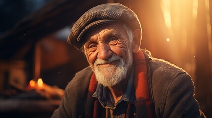 Wall Mural - Warm smile of an elderly farmer in a plaid hat