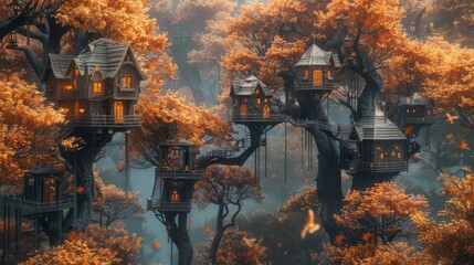 Wall Mural - A collection of charming treehouses nestled among vibrant autumn foliage, creating a whimsical and enchanting scene that embodies the spirit of adventure and childhood dreams.