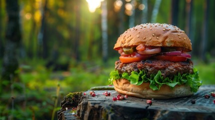 Close up burger fast food tasty delicious nature background. AI generated