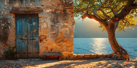 Wall Mural - mediterranean landscape with old tree, rustic seaside house with old wooden door and ocean view