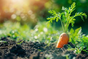 Fresh carrots growing in rich garden soil. Healthy organic vegetable farming