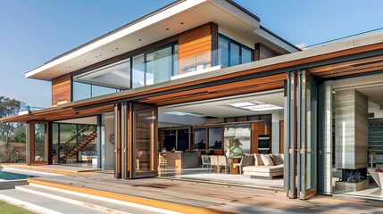 modern villa with wood and glass panels that slide open to transform the home into an indoor/outdoor living space