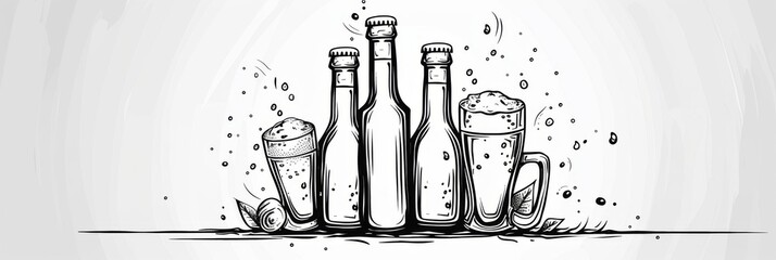 Wall Mural - Horizontal banner. International Beer Day. Bottles and mugs of cold light beer with foam on a white background. Graphic arts. Free space for text, copy space