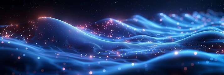 Digital artwork with blue waves and orange particles, creating a captivating and futuristic design