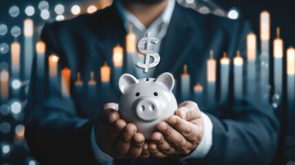 Wall Mural - A businessman holding a piggy bank with a dollar sign and a rising profit chart in the background, symbolizing savings and profit