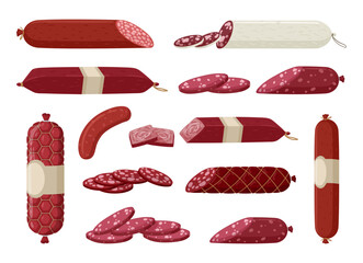 Wall Mural - Smoked sausages. Raw smoked sausage, delish meat semi-finished products, butcher shop sausages flat vector illustration set. Meat delicacies