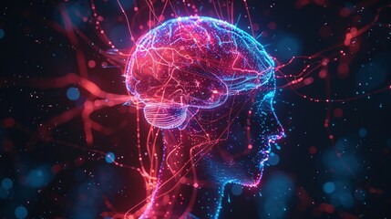 Wall Mural - Network of glowing red and blue neurons forms the shape of a human brain