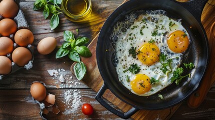 Fresh and healthy brown eggs in a frying pan on a kitchen table. Start your day with a nutritious egg for a healthy breakfast.