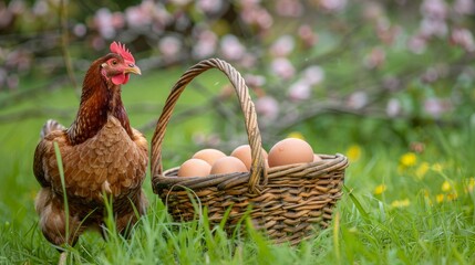 Wall Mural - Fresh brown eggs in a basket with a hen standing nearby on a grass background. The eggs are fresh from the farm