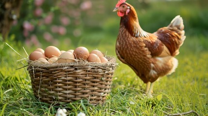 Fresh brown eggs in a basket with a hen standing nearby on a grass background. The eggs are fresh from the farm