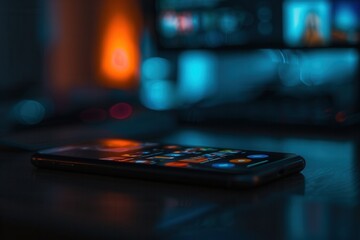 Aufkleber - A close-up of a smartphone screen displaying a social media news feed in a dimly lit room. The phone is lying on a dark surface with soft, colorful lighting in the background. Generative AI
