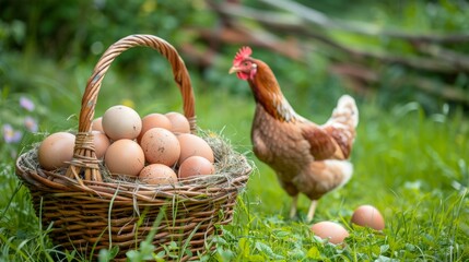 Wall Mural - Fresh brown eggs in a basket with a hen standing nearby on a grass background. The eggs are fresh from the farm