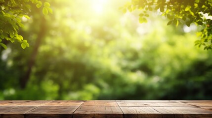 Wall Mural - A wooden picnic table in a forest setting with the sun shining through the leaves, creating a serene and inviting atmosphere, perfect for relaxation and leisure activities.