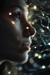 Wall Mural - Portrait of a young woman illuminated by a network of artificial intelligence lights