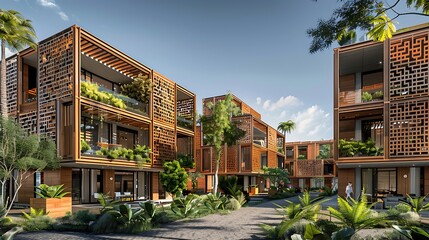 sustainable urban complex with facades of varied wooden patterns, each building a testament to modern eco-friendly design principles