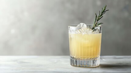 Wall Mural - A glass tumbler with a pale yellow cocktail and a sprig of rosemary