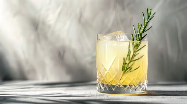 A glass tumbler with a pale yellow cocktail and a sprig of rosemary