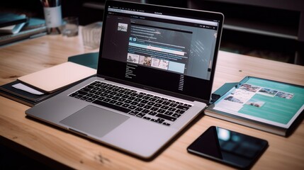 Aufkleber - A close-up of a laptop with open social media tabs on a desk, representing the modern workspace for social media management. Generative AI