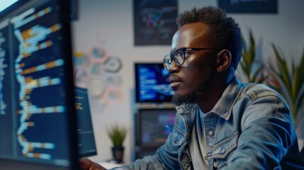 a programmer with a beard works late into the night at a modern office, surrounded by multiple scree
